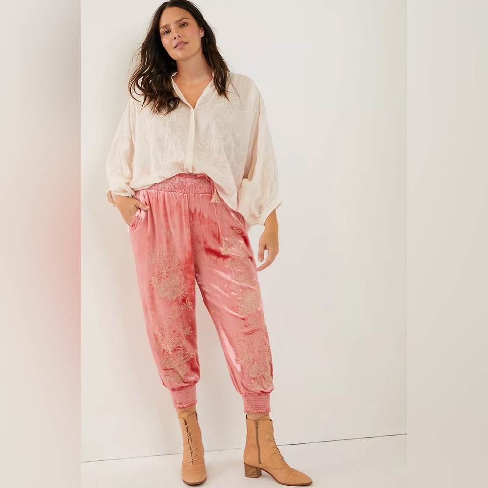 Anthropologie Rosie Embroidered Velvet Joggers
